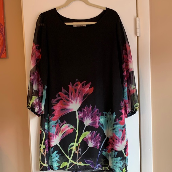 DJT Women's Floral Pattern 3/4 Sleeve Loose Fit Chiffon Tunic Dress - Picture 1 of 3